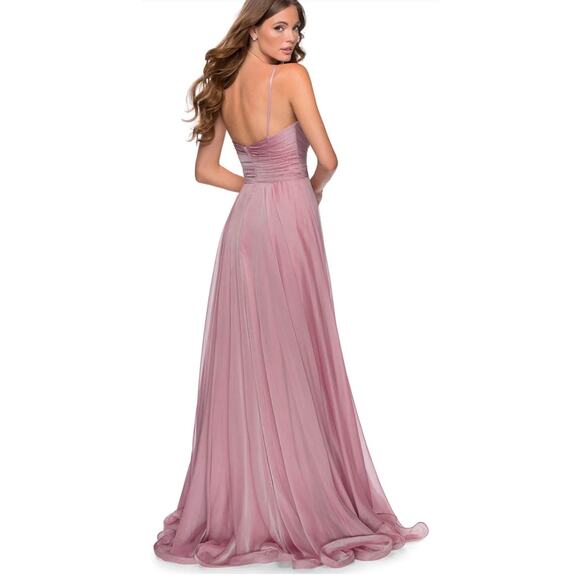 La Femme Chiffon Long Dress w/ pleated bodice w/ hidden zipper in Platinum. 
12 - Picture 11 of 11